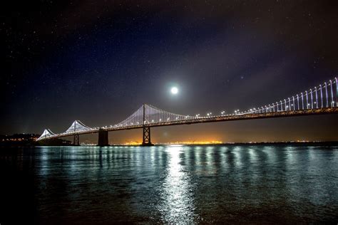 Wallpaper Lights Cityscape Water Reflection Moon Evening Bridge