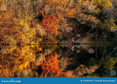 Reflection Lake Lure With Fall Season Background Stock Image Image
