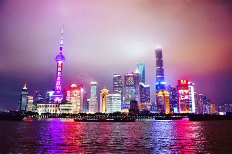 Night View Of The Pudong Skyline From The Bund In Shanghai China So
