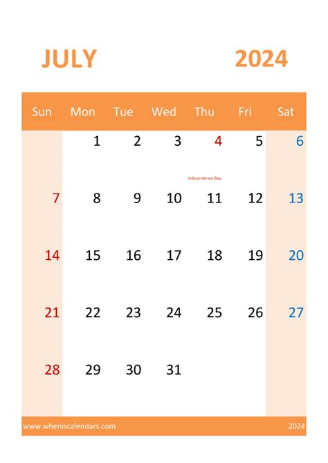 July 2024 Calendar Horizontal Monthly Calendar