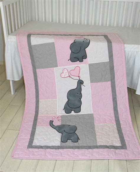 Baby Girl Quilt Elephant Blanket Pink Gray Crib Bedding