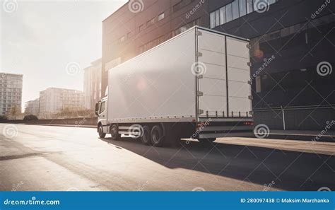 Cargo Truck With Blank Side Mock Up On City Streets AI Generated Stock