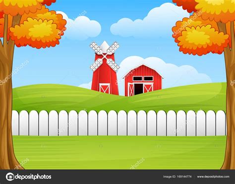 Cartoon Farm Windmill Cartoon Farm Landscape With Windmill And Barn