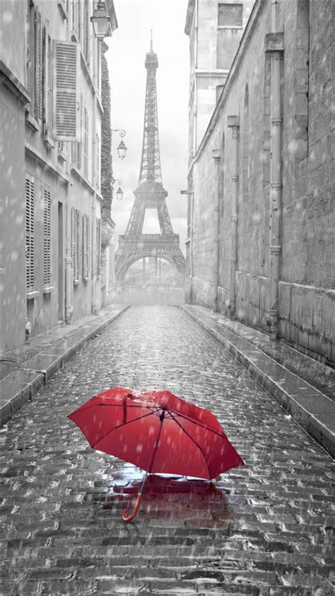 Red Umbrella Paris Street Rainy Day Eiffel Tower Iphone 8 Wallpapers