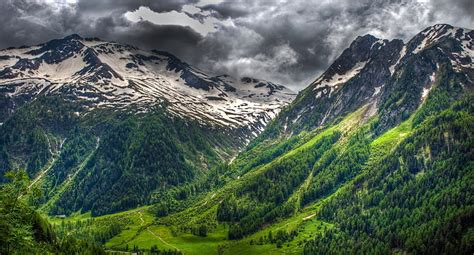 Mountains Clouds Switzerland Green Forest Landscape Snowy Peak