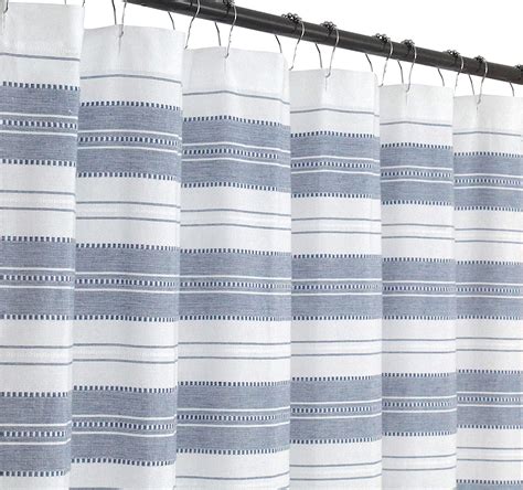 Chambray Blue And White Fabric Shower Curtain Striped With Detailed