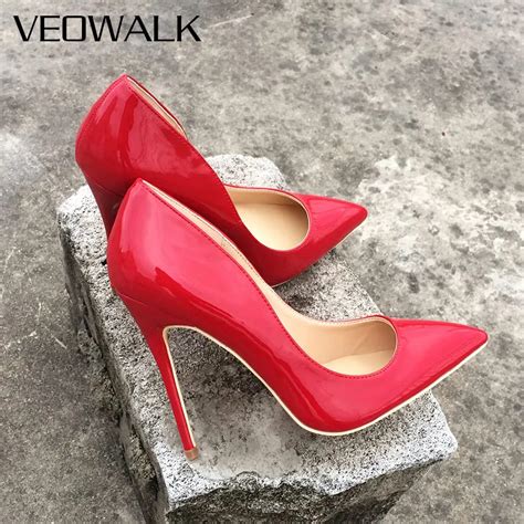 veowalk women s sexy red patent leather high heels pointed toe pumps ladies wedding stilettos