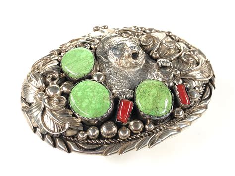 Lot Pauline Nelson Navajo Native American Sterling Silver Turquoise And Coral Bear Motif Belt Buckle