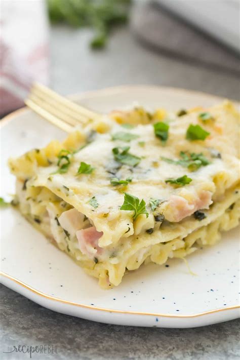 And because recipes are just as fun when altered, feel free to try with different cheeses or even mix the sour cream up with cream. White Chicken Lasagna with Ham and Spinach Recipe
