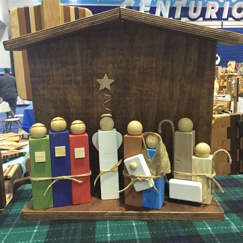 Hand Painted Wood Block Nativity Set With Stained Wood Manger Diy