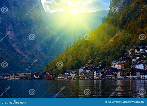 Sunrise Over Hallstatt Austrian Alps Resort And Mountain Village With