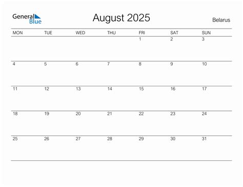 Printable August 2025 Monthly Calendar With Holidays For Belarus