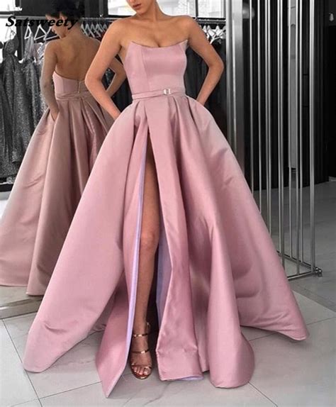 2019 Blush Pink Prom Dresses With Pockets Side Slit Strapless Satin