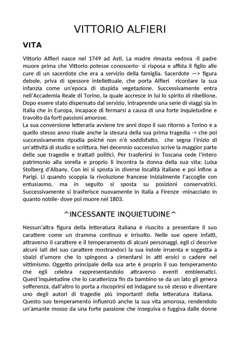 Appunti Vita E Opere Di Alfieri Appunti Di Italiano Docsity