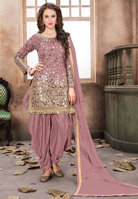 Embroidered Taffeta Silk Punjabi Suit In Old Rose Punjabi Suits Party
