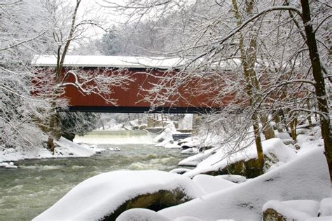 Red Covered Bridge In Snow Free Stock Photo Public Domain Pictures