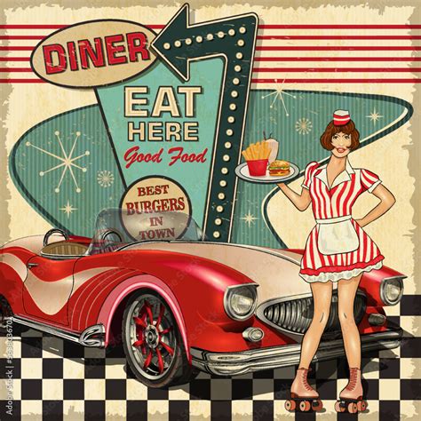 Vintage Diner Poster In Traditional American Style With Waitress On