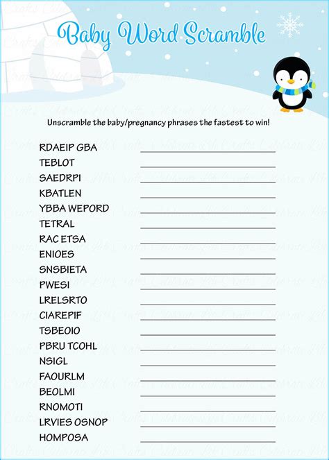 Word Scramble Baby Shower Game Winter Baby Shower Theme For Baby Boy