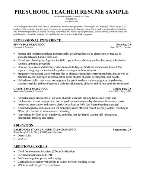 Preschool Teacher Resume Template Free Free Printable Templates