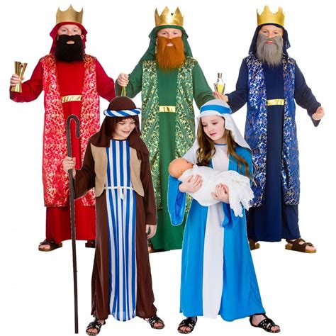 5 X Nativity Costume Set Mary Joseph Brown Crook Red Blue Green Wise Men Costume Sets From