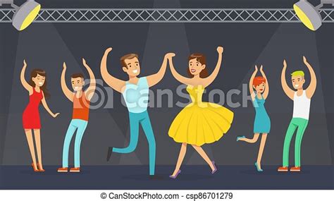 Night Party Young People Dancing In Club Cartoon Vector Illustration