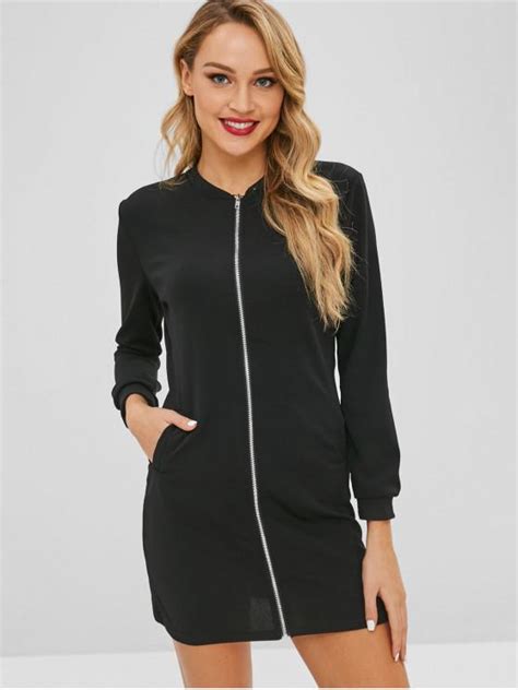 [27 off] 2020 zip front long sleeves mini dress in black zaful australia