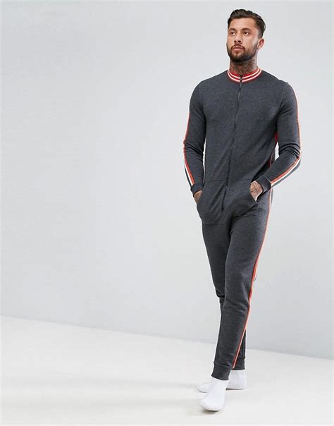 Asos Track Neck Onesie With Tipped Ribs And Sleeve Stripe Gray Asos