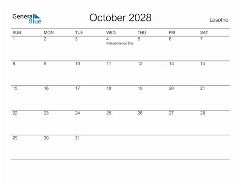 Printable October 2028 Monthly Calendar With Holidays For Lesotho