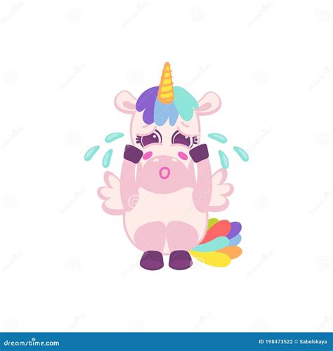 Funny Cute Unicorn Cartoon Character Crying Flat Vector Illustration