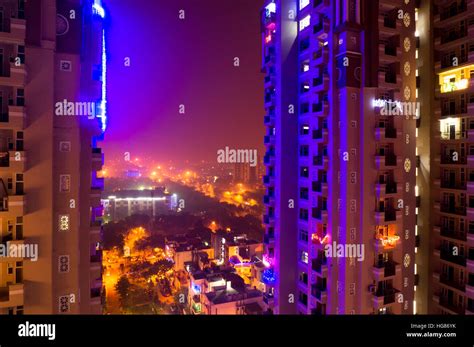 Colorful Lights On Noida Skyscraper Stock Photo Alamy