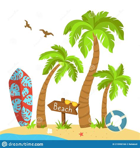 Tropical Beach Cartoon Surfboard Palm Sea Vector Stock Vector
