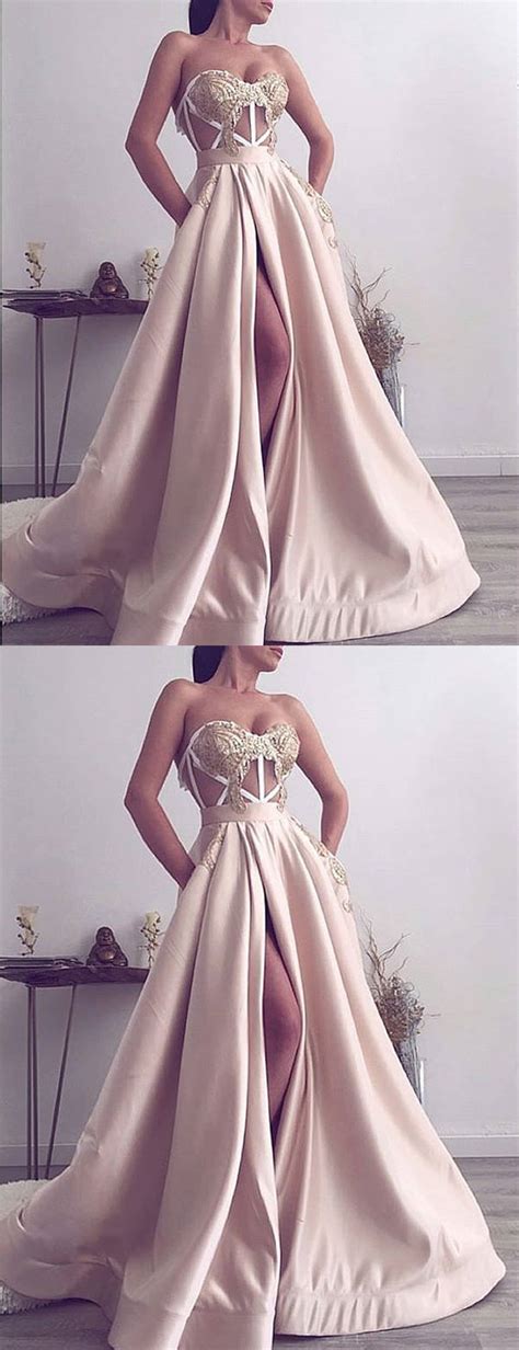 elegant satin applique illusion strapless prom dresses pd00177 alinebridal