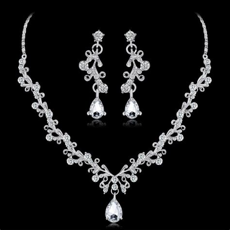 Luxury Fashion Elegant Rhinestone Flower Bride Jewelry Set Silver Color Teardrop Earrings