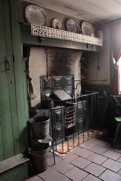 Old Victorian Kitchen Scene With Old Cast Iron Range Stock Image