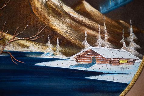 Bob Ross Bob Ross Authentic Original Oil On Velvet Inside Gold Pan Painting Alaska Cabin