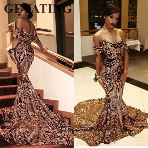 2019 Luxury Gold Sequins Black Girls Prom Dresses Mermaid Off Shoulder