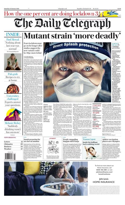 Daily Telegraph Front Page 23rd Of January 2021 Tomorrows Papers Today