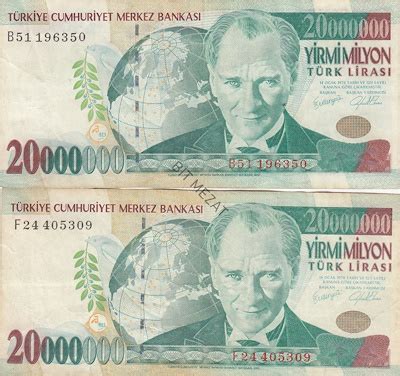 Kağıt Para Yirmi Milyon Türk Lirası Banknot Adet Bit Mezat