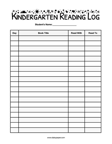 Kindergarten Reading Log Daisy Paper