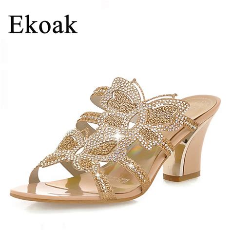 Ekoak New 2016 Women Wedge Sandals Fashion Rhinestone Cutout Slippers