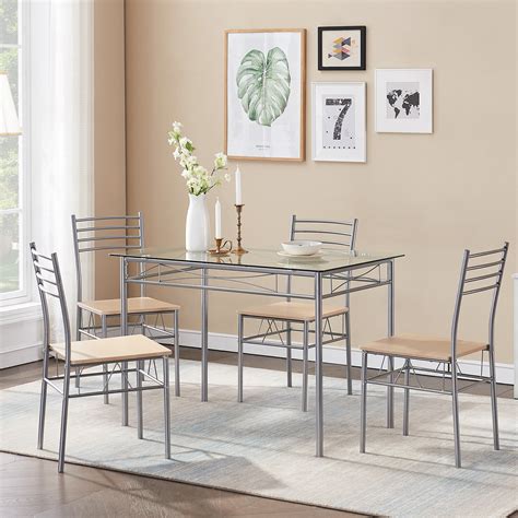 Vecelo Dining Set For 4 Rectangular Glass Top Table With 4 Chairs Metal Frame Silver Walmart