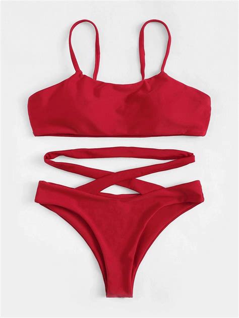 Red Cami Top With Low Rise Criss Cross Bikini Bottom Criss Cross