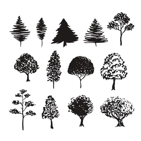 Trees Silhouette Vector Decoration Hand Drawn Sketches Isolated Set