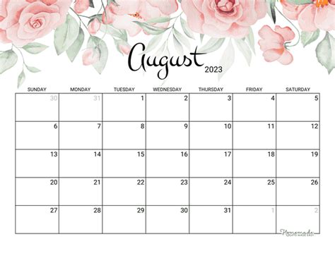 August Month Calendar Printable