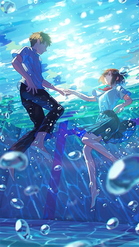 An Anime Scene With Two People In The Water And Bubbles Floating Around