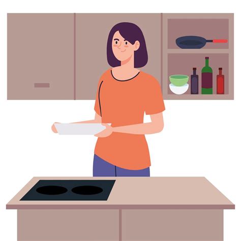 woman cooking holding dish on kitchen scene 2547344 vector art at vecteezy