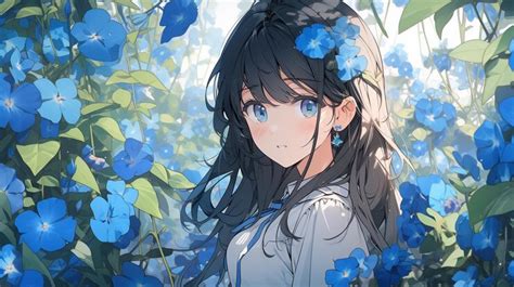 Premium Photo Anime Girl In A Blue Dress With Blue Flowers