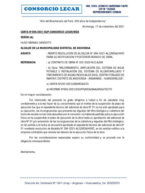 Carta 59 Notificacion Del Reinicio De Obra Comave Pdf