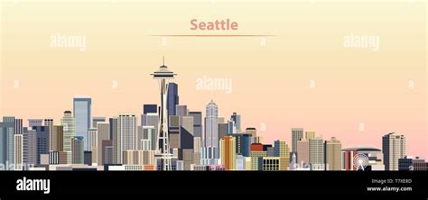 Vector Illustration Of Seattle City Skyline At Sunrise Stock Vector