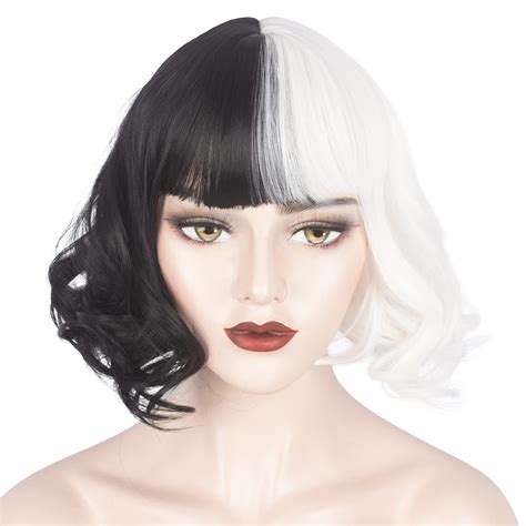 buy weken black and white wig for girls short wavy half black half white wig with bangs cruella